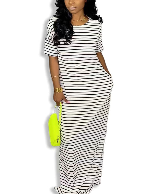 Stripped Short Sleeve Maxi Dres